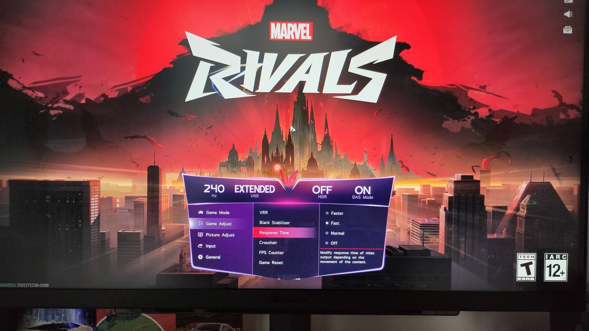 A photo of an LG gaming monitor with the gaming menu opened and 'Marvel Rivals' running in the background.