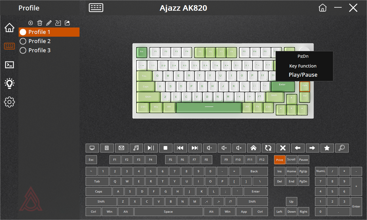 The keyboard software for the Ajazz AK820 showing the PgDn key being used as play/pause.