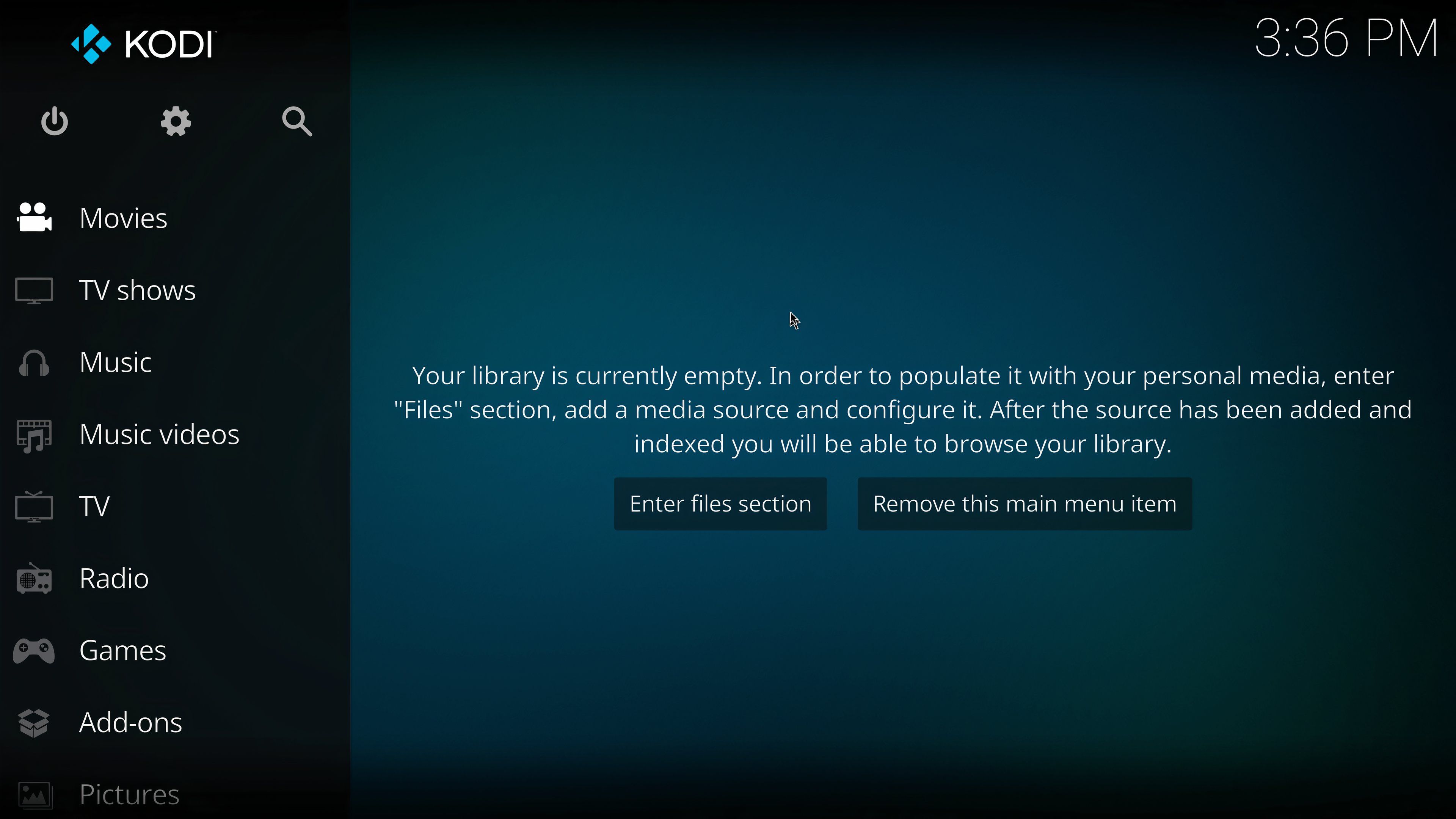 The main Kodi window before you add your media.