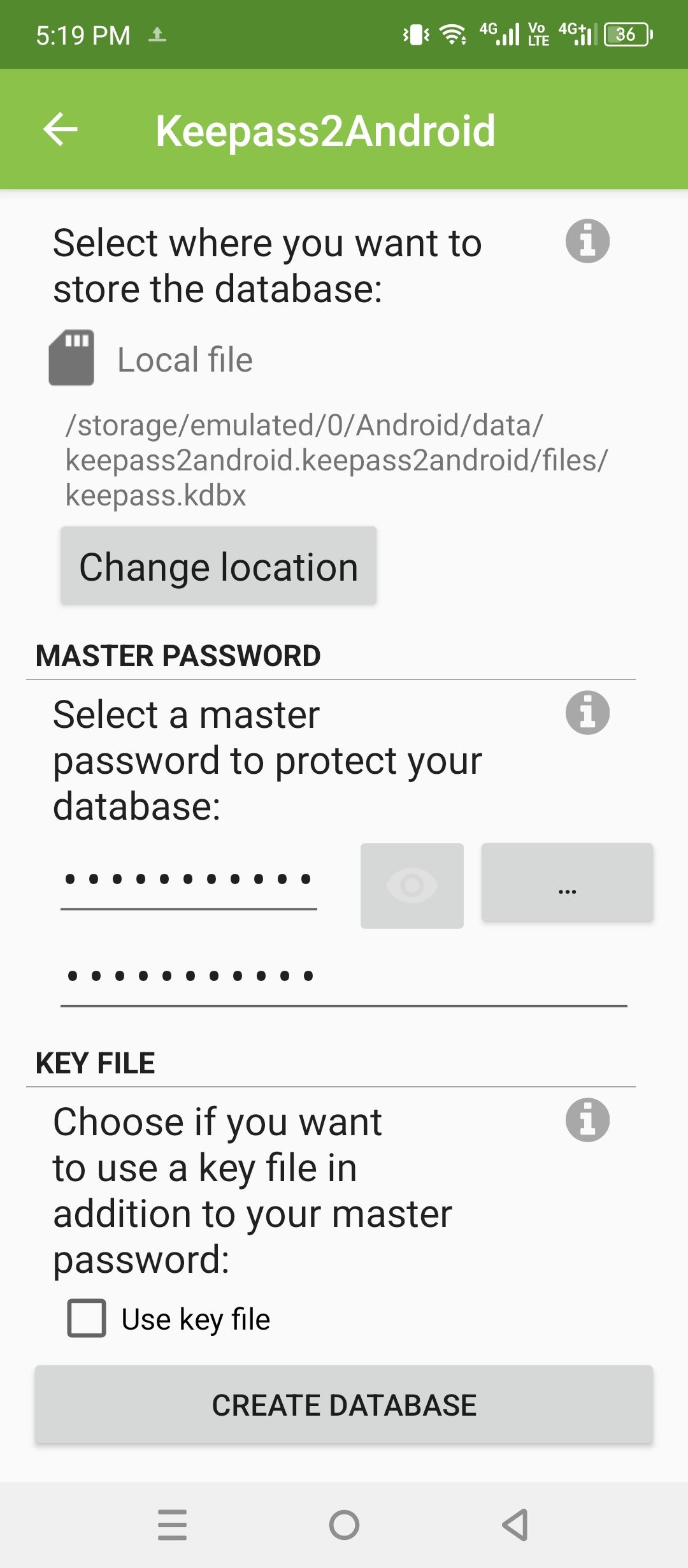 Creating a new vault in Keepass2Android.