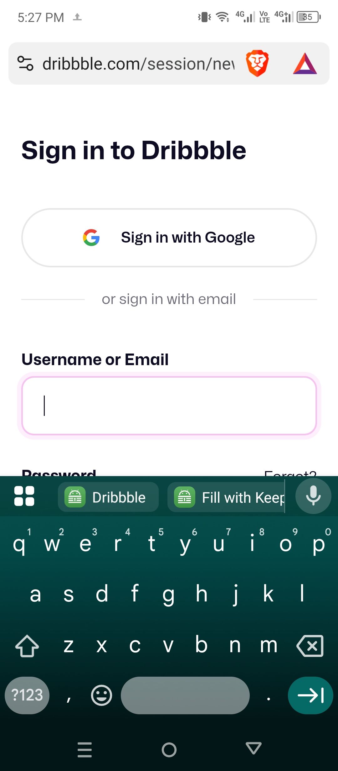 Signing into a website using the Keepass2Android autofill feature.