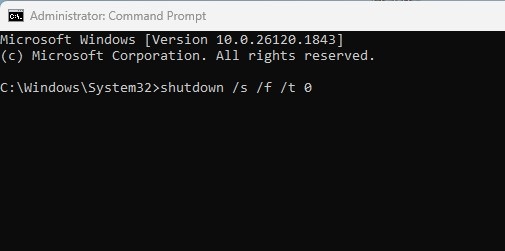 shutdown /s /f /t 0