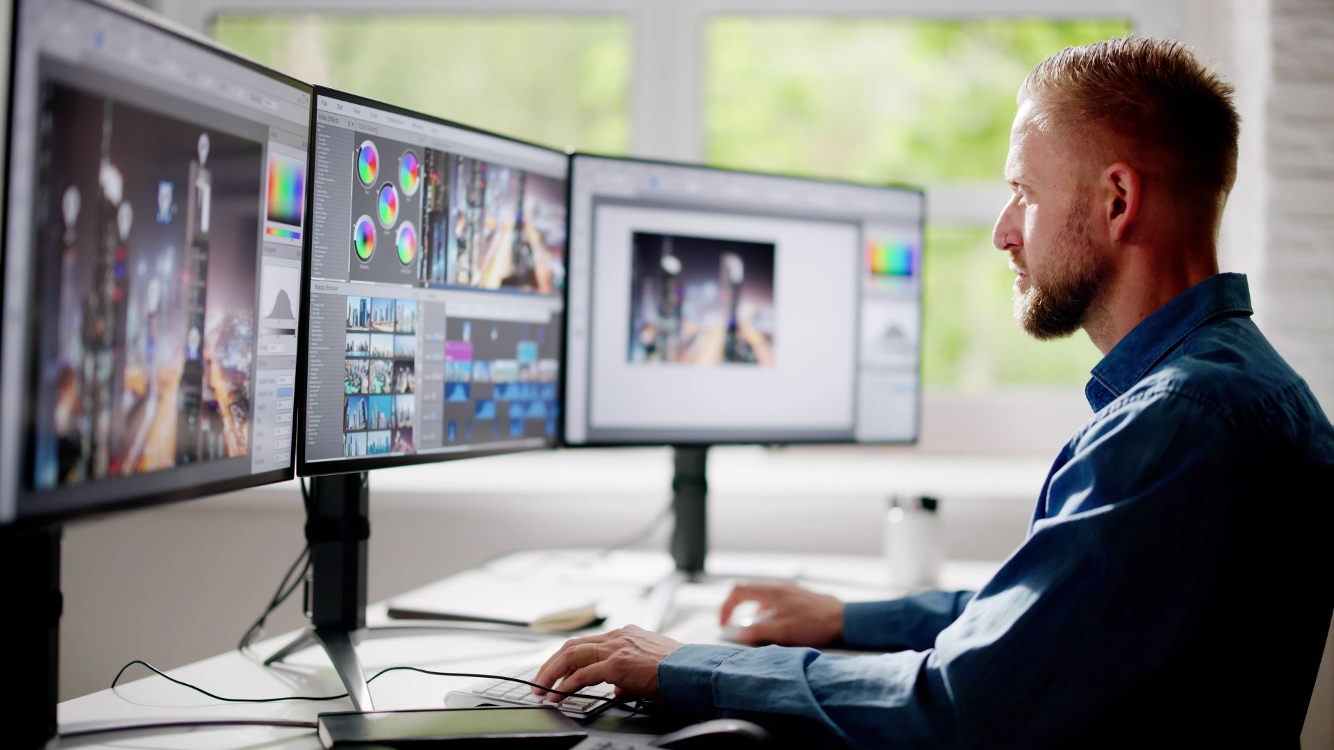 A man working at a computer with three monitors.