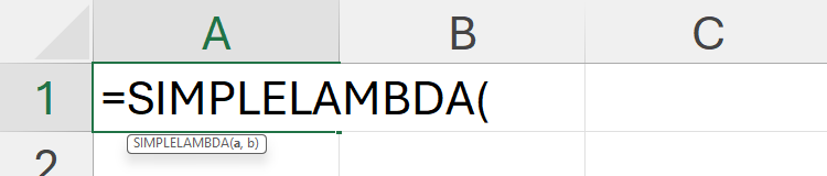 SIMPLELAMBDA, the name of a straightforward LAMBDA used to test how the function works, is typed into a cell in Excel.