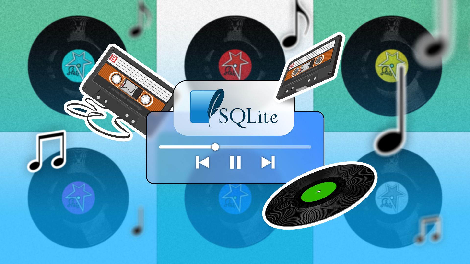 A music player with the SQLite logo, some tapes and vinyl records around, and several vinyl records in the background.