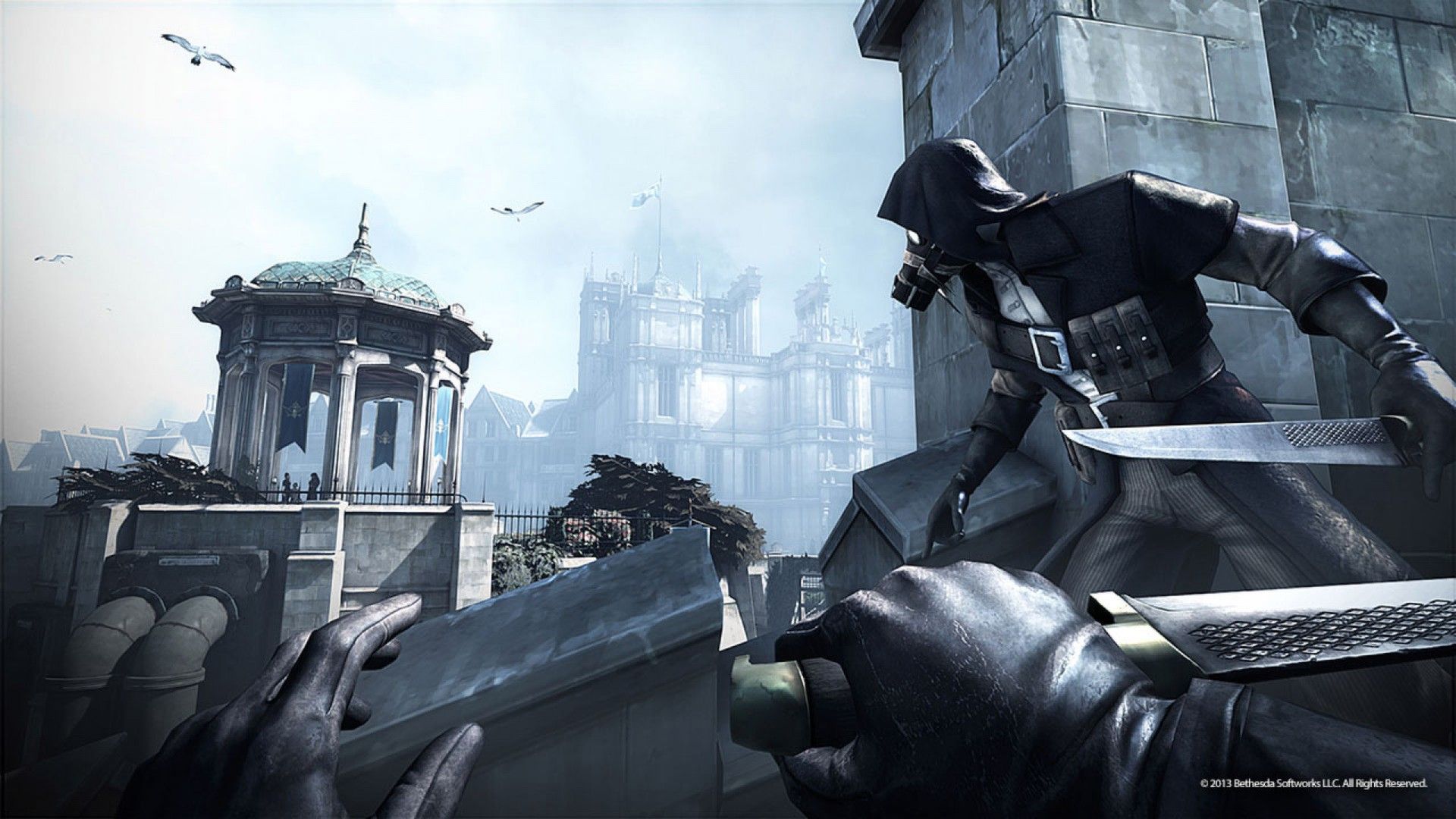 A promotional screenshot from the Dishonored - The Knife of Dunwall DLC.