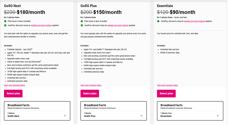 T-Mobile Unlimited data plans shown starting from $90 a month.