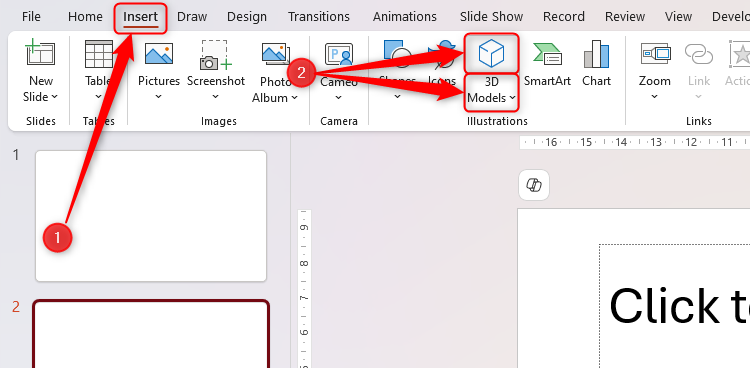 The 3D Models icon in the Insert tab of Microsoft PowerPoint's ribbon.