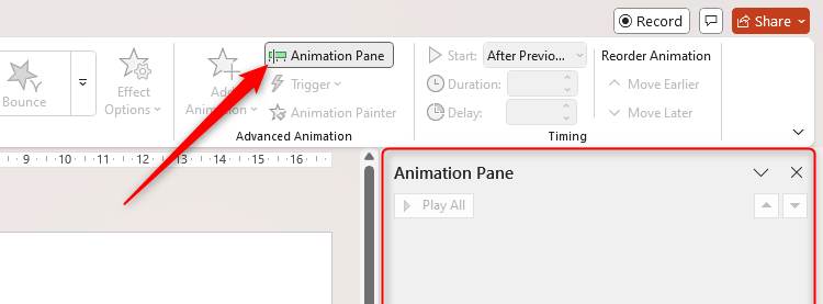 The Animation Pane icon in the Animations tab on the ribbon in PowerPoint, with the Animation pane displayed on the right of the window.