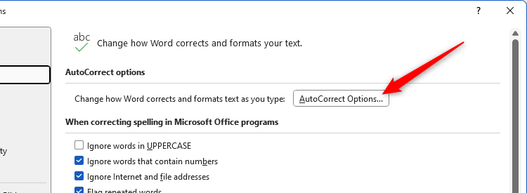 The AutoCorrect Options button in the Word Options window.