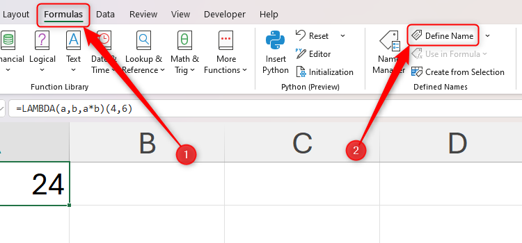 The Define Name button in Excel's Formulas tab is selected.