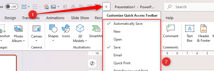 The drop-down menu of PowerPoint's QAT is expanded, and the suggested commands to be added to the QAT are displayed.