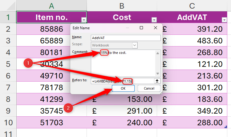 The Edit Name dialog box in Excel that reflects a change in the LAMBDA function that multiplies the cost value by 1.15.