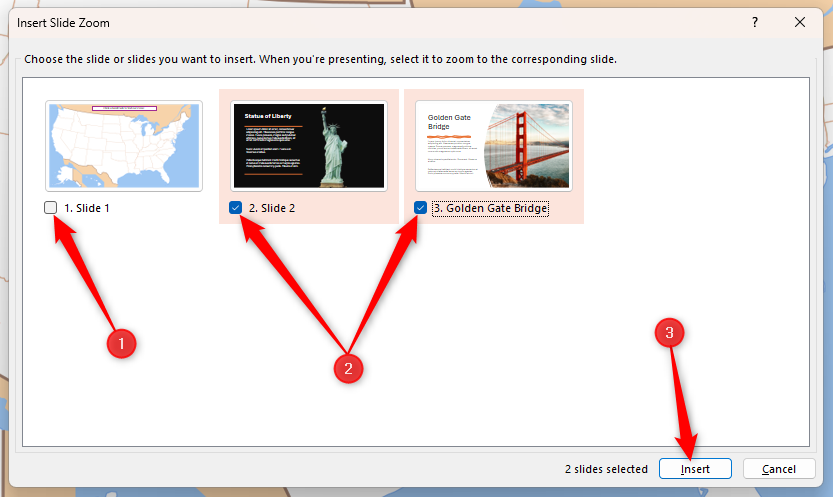 The Insert Slide Zoom tool in PowerPoint, with slide 1 deselected, slides 2 and 3 selected, and the Insert button highlighted.