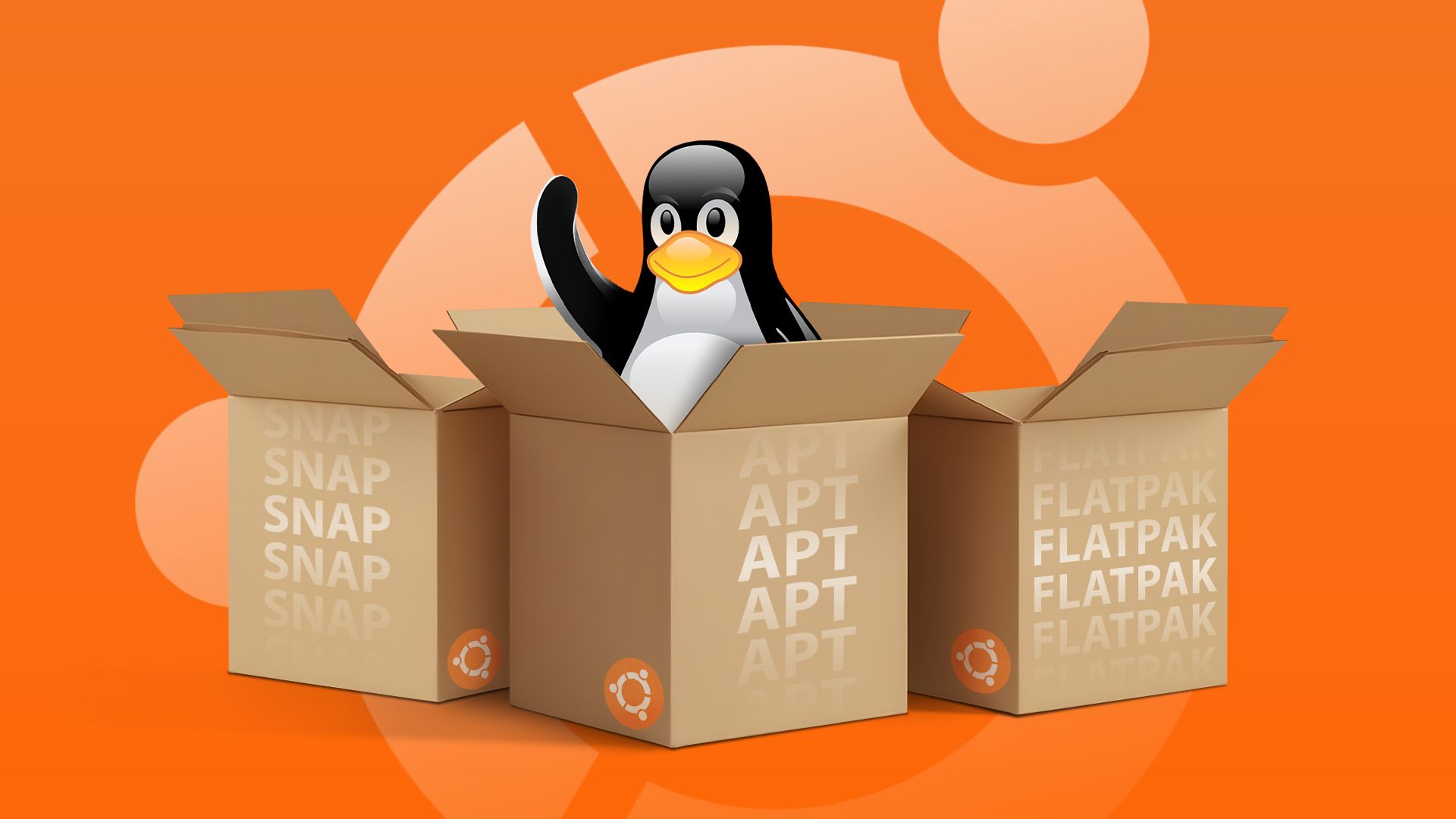 The Linux mascot inside a box, two boxes beside it, and the Ubuntu logo in the background.