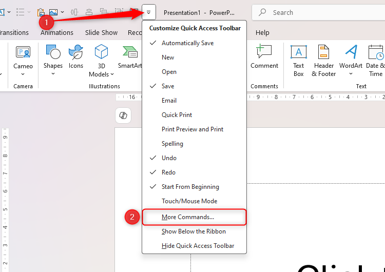 The More Commands option in PowerPoint's Customize Quick Access Toolbar drop-down menu.