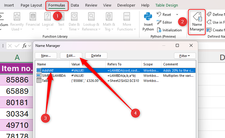 The Name Manager dialog box in Excel, with the AddVAT function selected and the Edit button highlighted.