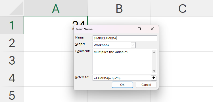 The New Name dialog box in Excel, with all four fields filled out to create a simple LAMBDA function.