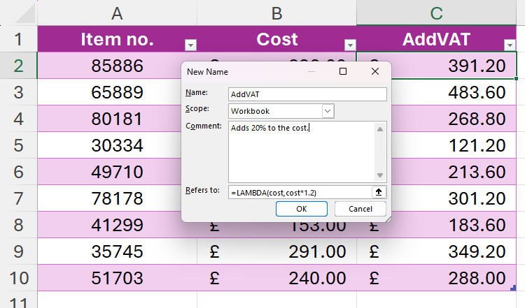 The New Name dialog box in Excel, with the fields filled out to create a function called AddVAT.