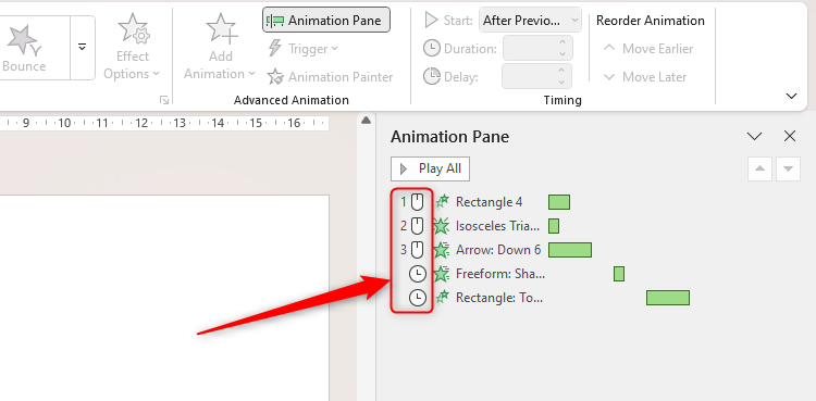 The PowerPoint Animation pane showing three click-activated animations and two time-initiated animations.