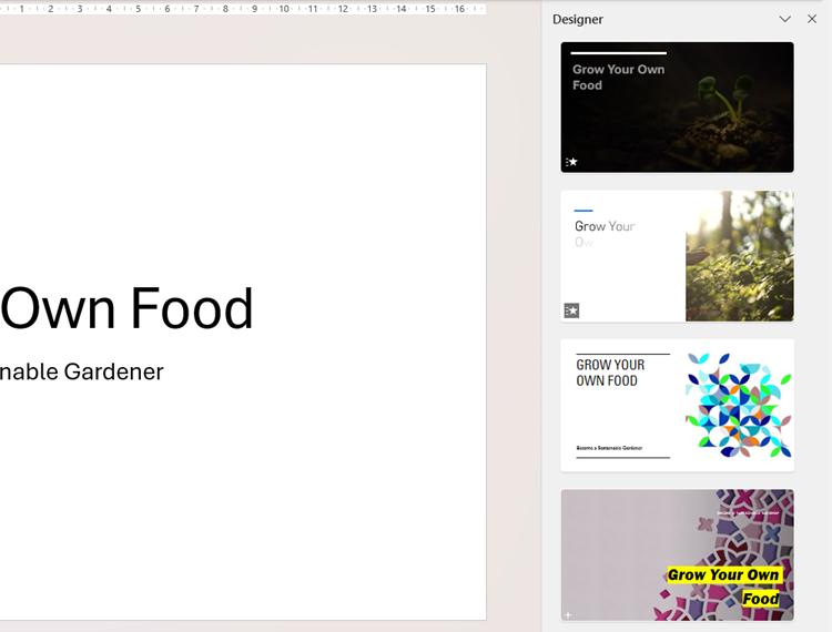 The PowerPoint Designer pane displaying various designs matching the gardening-related title and subtitle typed on the slide.
