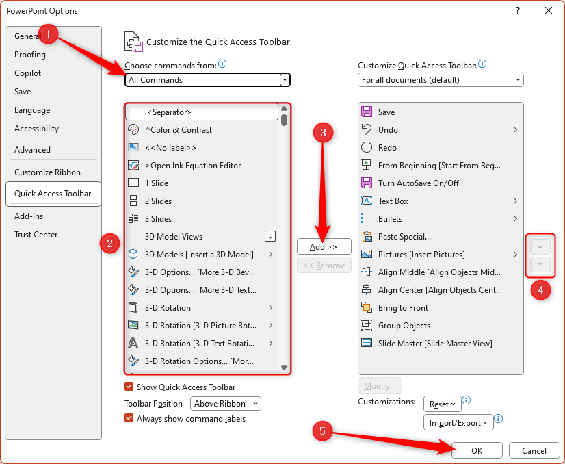 The PowerPoint Options dialog box, with All Commands selected in the left-hand menu, and the process for adding a command to the QAT illustrated.