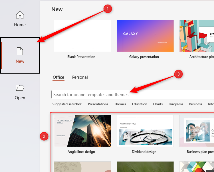 The PowerPoint welcome screen, with New selected in the left-hand menu. PowerPoint templates are displayed at the bottom, and the search bar is selected at the top.