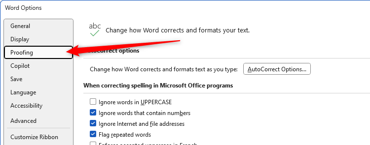 The Proofing tab in the Word Options window.