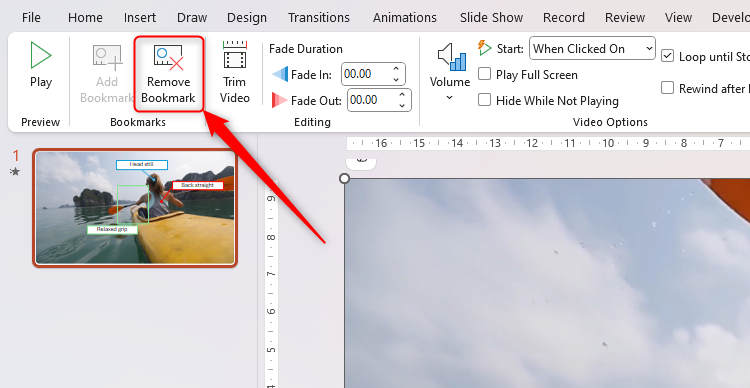 The Remove Bookmark button in the Playback tab on the PowerPoint ribbon.