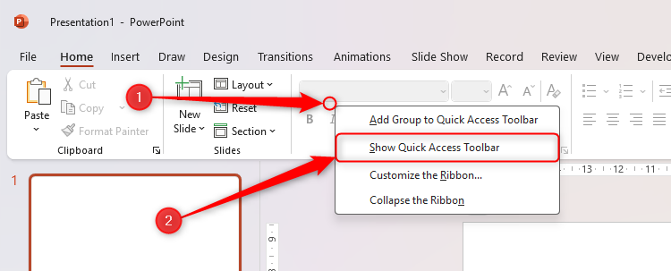 The right-click menu in the PowerPoint ribbon, with Show Quick Access Toolbar selected.