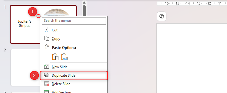 The right-click menu on a slide in PowerPoint's thumbnail pane is expanded, and Duplicate Slide is selected.