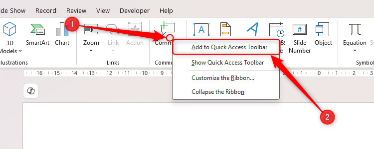 The right-click menu on the Comments icon in PowerPoint is activated, and Add To Quick Access Toolbar is selected.