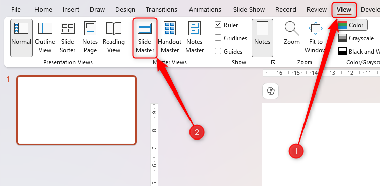 The Slide Master icon in the View tab on the ribbon in Microsoft PowerPoint.