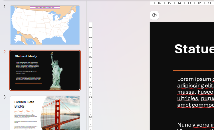 The thumbnail pane in PowerPoint showing an overview slide containing a map of the USA, and two slides detailing further information about key landmarks.