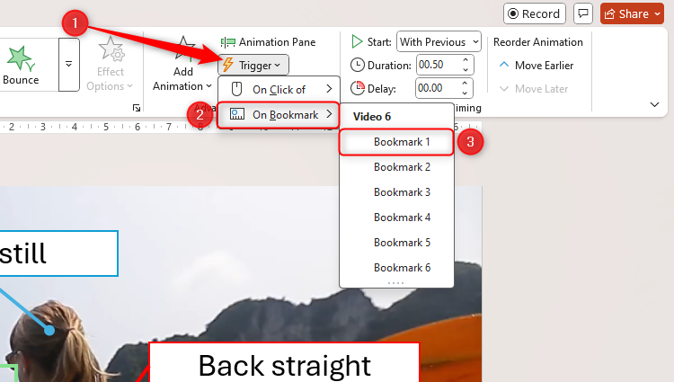 The Trigger drop-down menu in PowerPoint, with the On Bookmark option expanded, and Bookmark 1 selected.