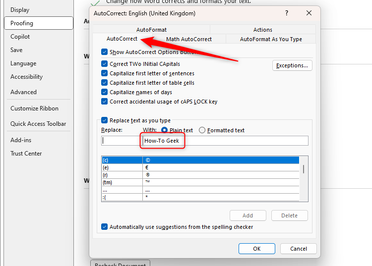 The words 'How-To Geek' are in the With field of Microsoft Word's AutoCorrect dialog box.