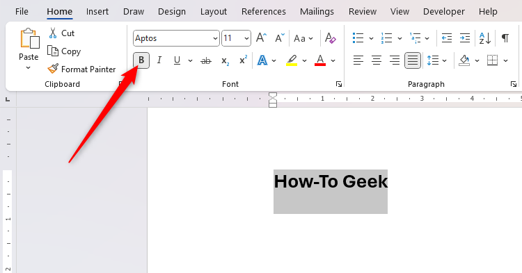 The words 'How-To Geek' in Microsoft Word with bold formatting applied.