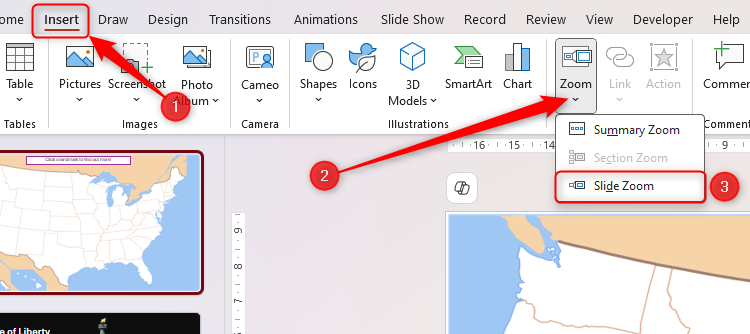 The Zoom drop-down in PowerPoint's Insert tab on the ribbon, with Slide Zoom selected.