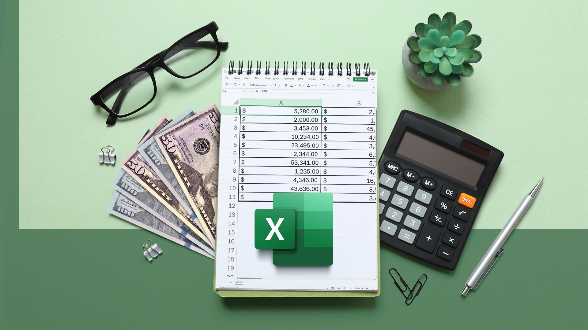 Top view of a notebook with an Excel spreadsheet, a calculator, dollar bills, and glasses beside it, with the Excel logo in the center.