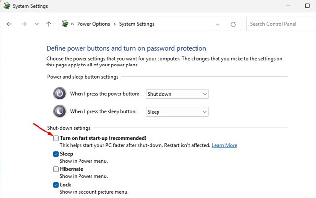 Turn on Fast Startup (recommended)