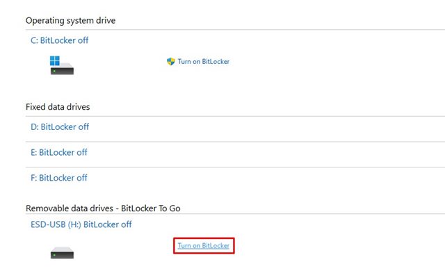 Turn on BitLocker link