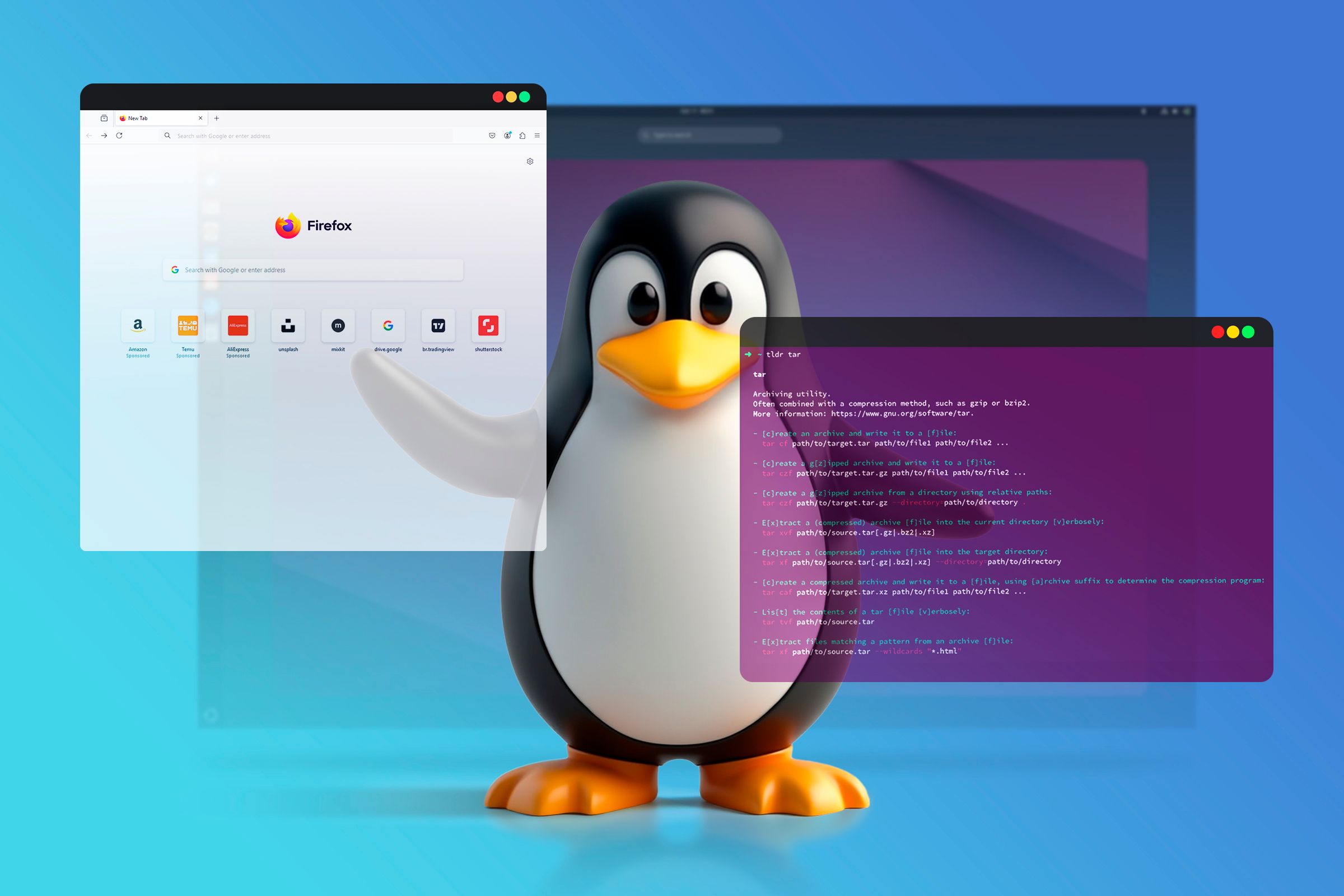 Linux mascot moving some windows with its hands and the Ubuntu screen blurred in the background.