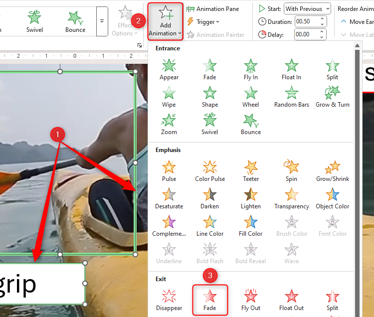 Two objects are selected on a PowerPoint slide, and the Fade exit animation in the Add Animation drop-down is highlighted.