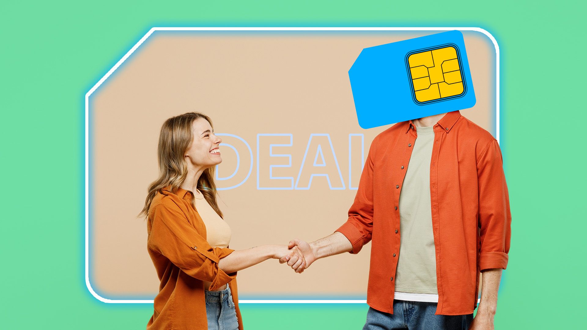 Two people shaking hands closing a deal, and one of the people has a SIM card instead of a head.