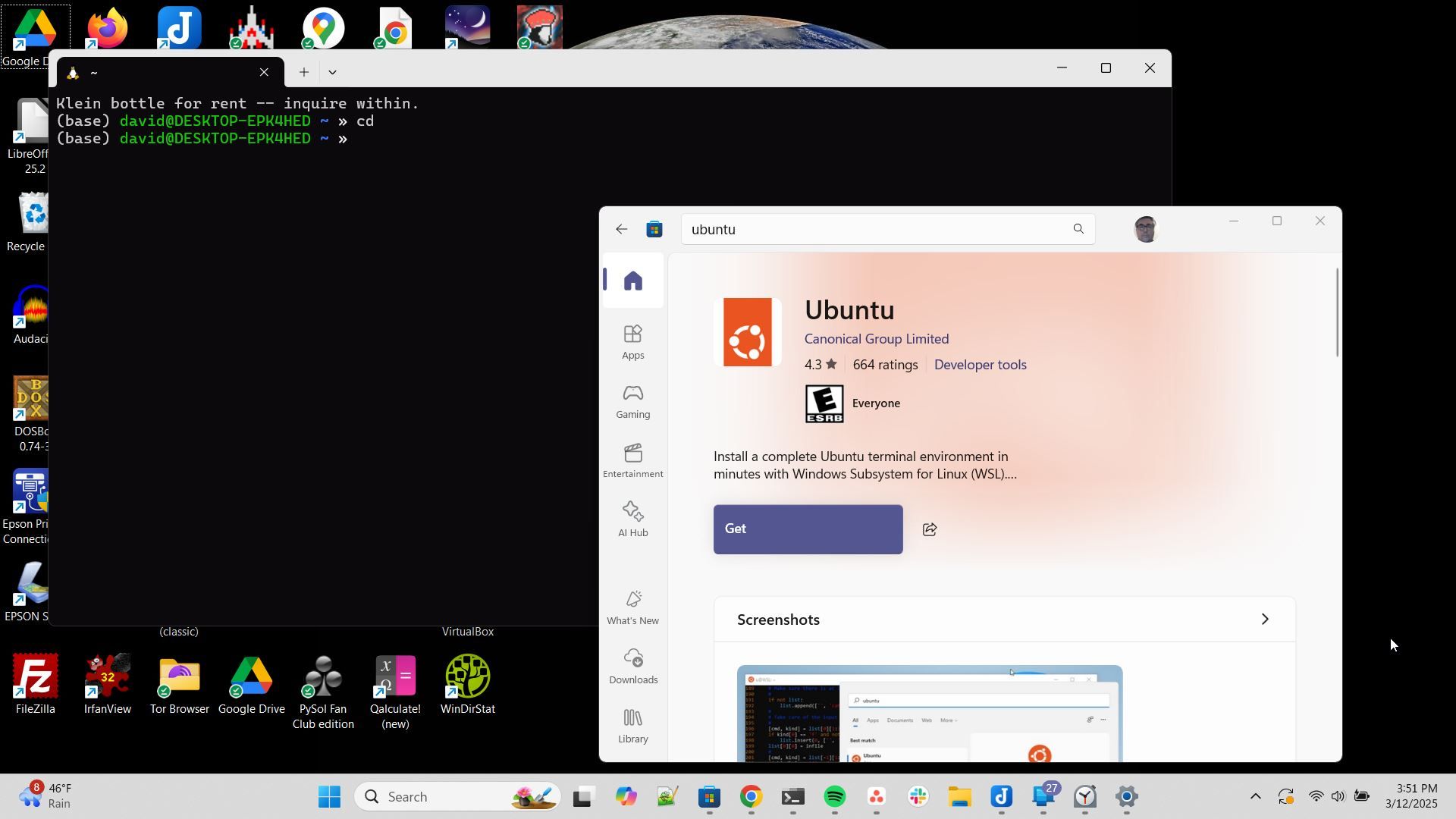 Ubuntu WSL terminal with Ubuntu in the Microsoft Store.