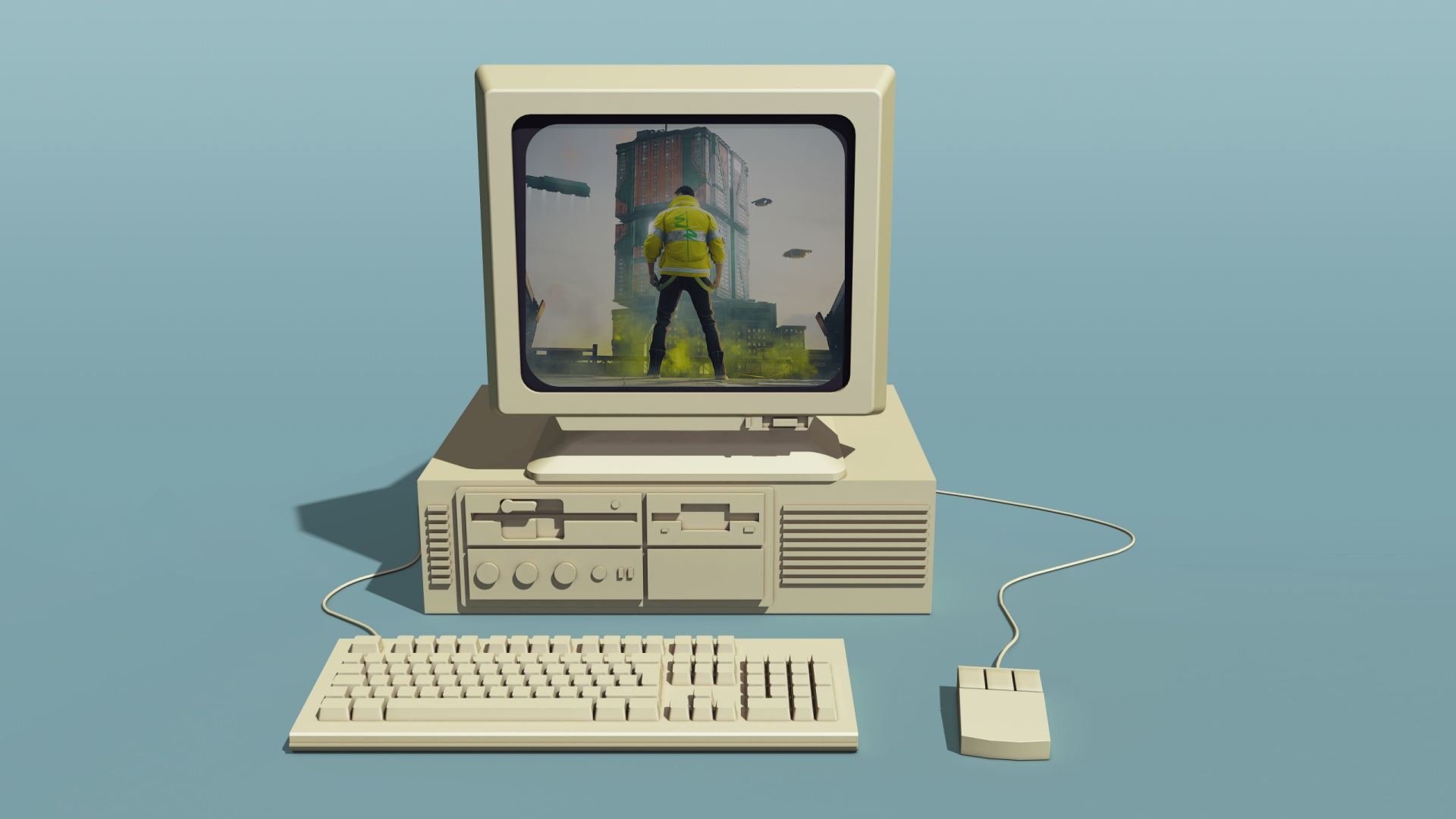 Vector art of a vintage computer with a screenshot of Cyberpunk 2077 on its CRT screen.