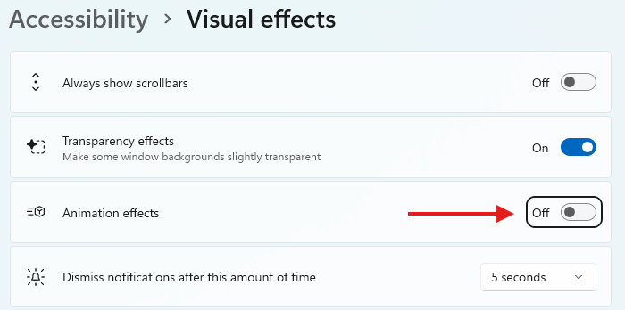 Visual Effects settings in Windows 11 with a red arrow pointing to the toggle for 'Animation Effects.'