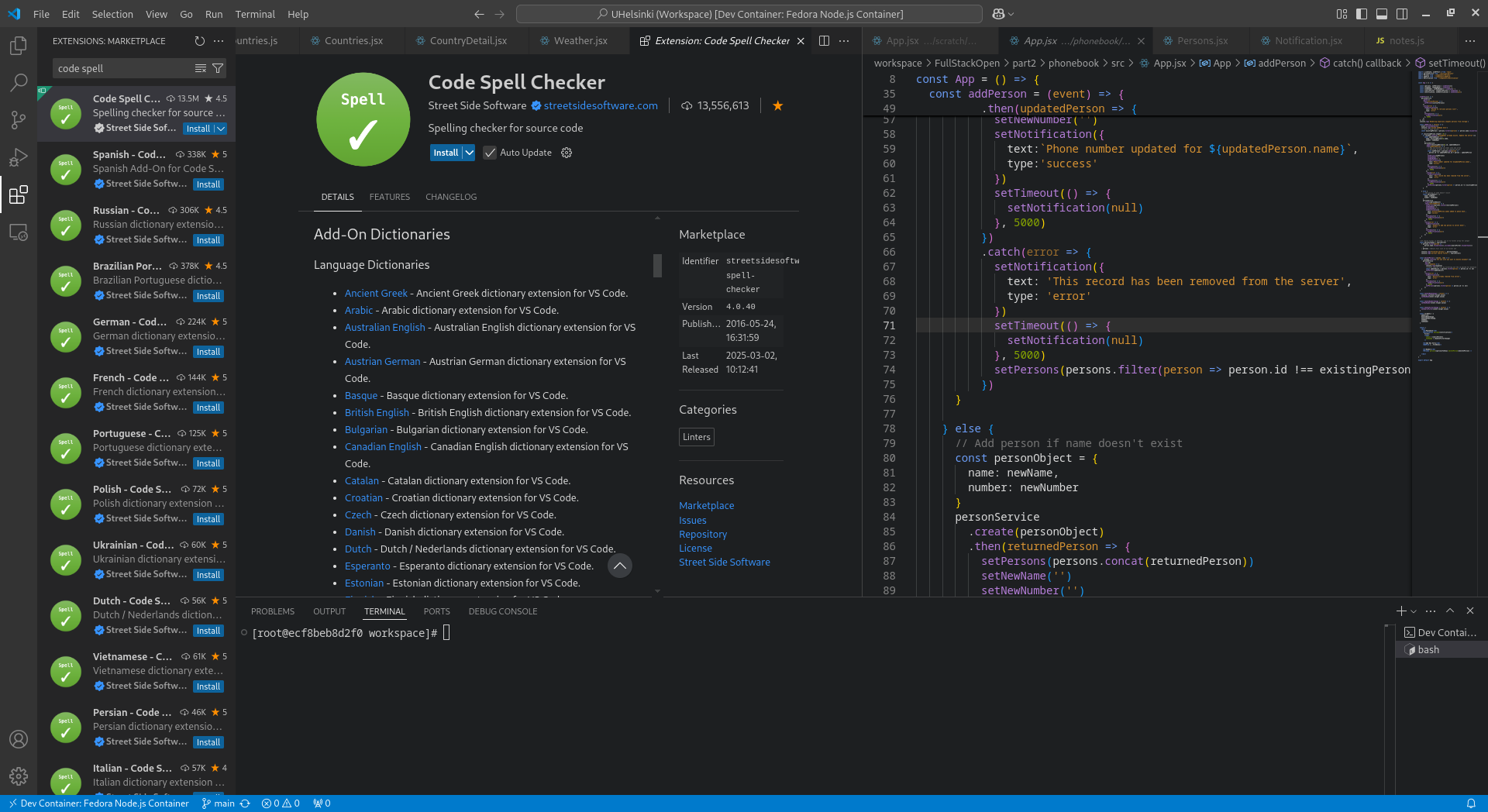 VS Code extension menu showing a description of the Code Spell Checker extension