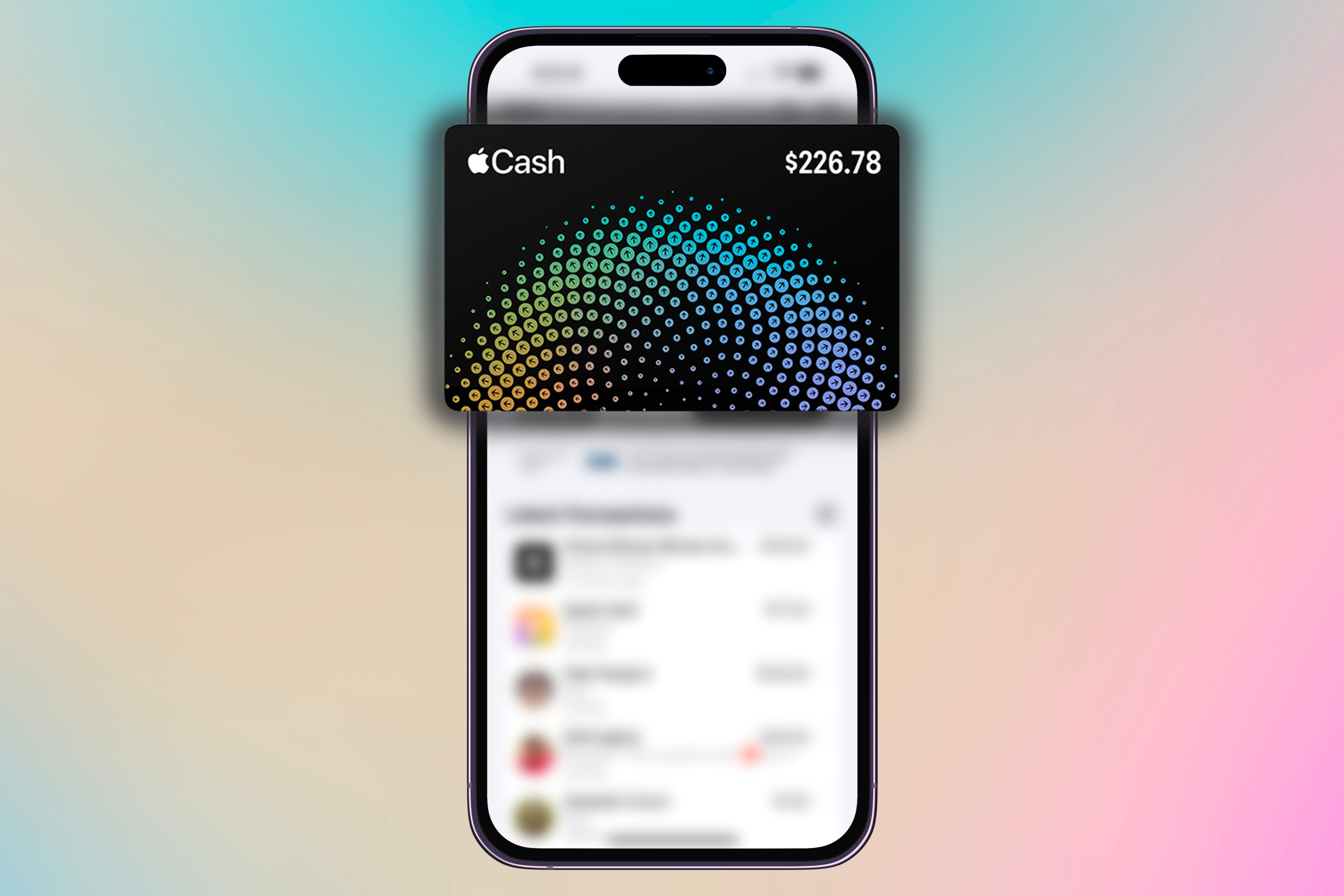 Apple Cash card is prominently displayed in front of a colorful background, showcasing various transactions.