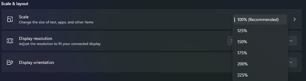 Windows 11 DPI scaling menu.